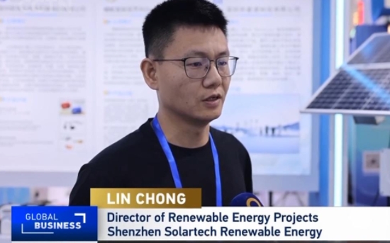 中国国际台（CGTN）喀交会“点赞”腾博会官网光伏扬水，现场报道Solartech农林灌溉和荒漠治理光伏水利解决方案